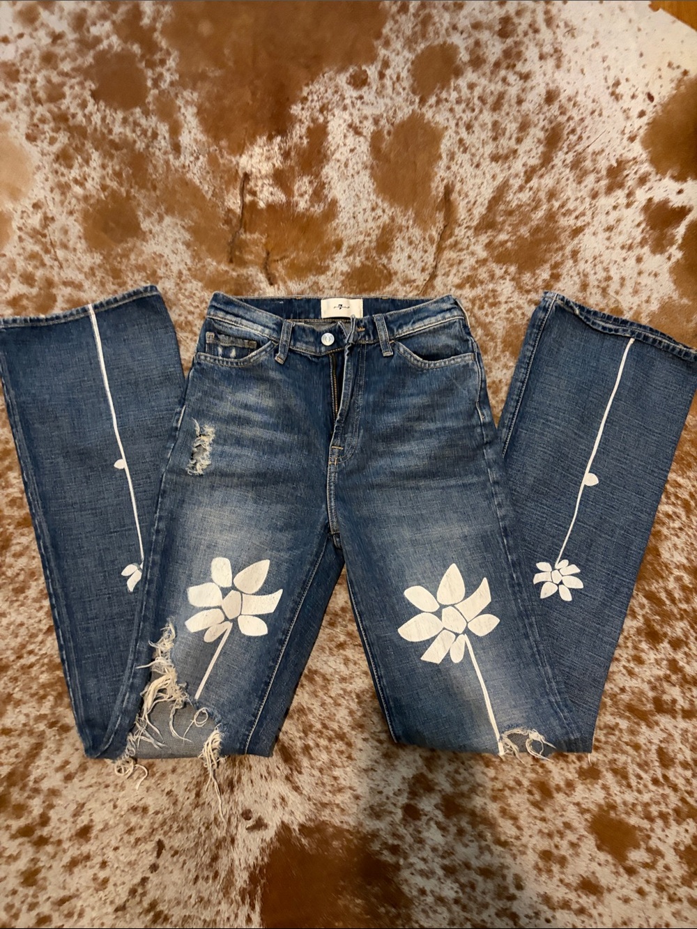 7 For All Mankind Blue Flare Jeans with White Floral Print - Picture 3 of 3